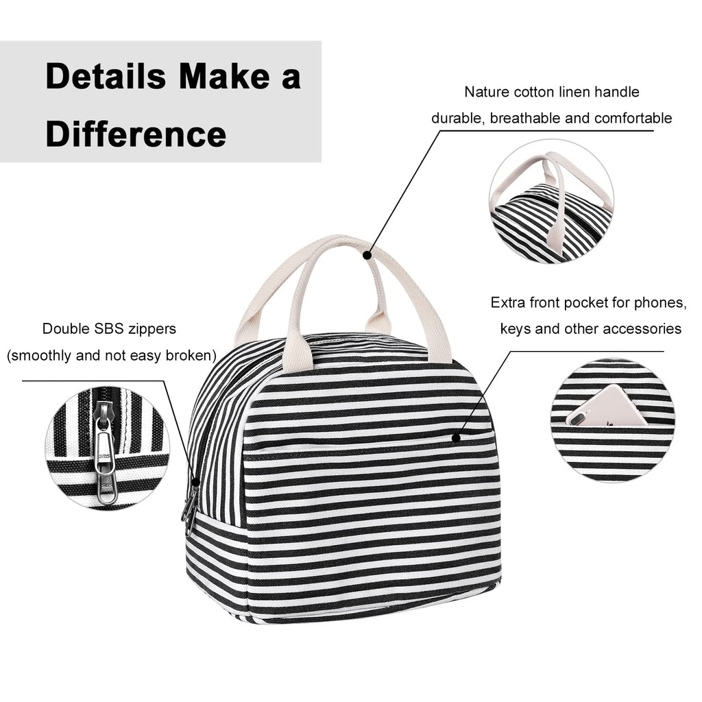 EurCross Canvas Lunch Tote Bag for Women for Work with Black and White Stripes, Reusable Insulated Meal Prep Preppy Lunch Box Bag for Daily Use, Cute Lunch Cooler Bento Boxes Bags