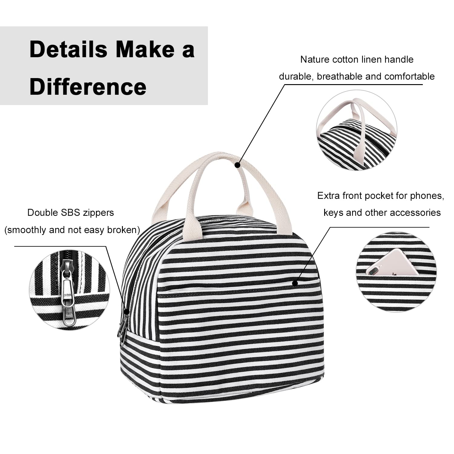 EurCross Canvas Lunch Tote Bag for Women for Work with Black and White Stripes, Reusable Insulated Meal Prep Preppy Lunch Box Bag for Daily Use, Cute Lunch Cooler Bento Boxes Bags