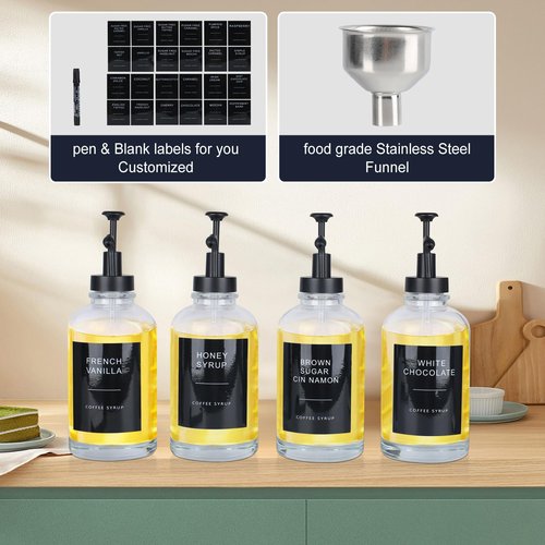 MSTCMZP Coffee Bar Accessories Coffee Syrup Dispenser with Labels,500ML Glass Dispenser Syrup Pump Dispenser(4pc Black)