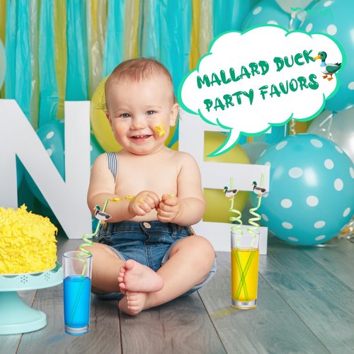 Maxdot 24 Pcs Mallard Duck Drinking Straws with Reusable Plastic Silly Straws for Themed Birthday Supplies Cute Duck Hunting Party Favors