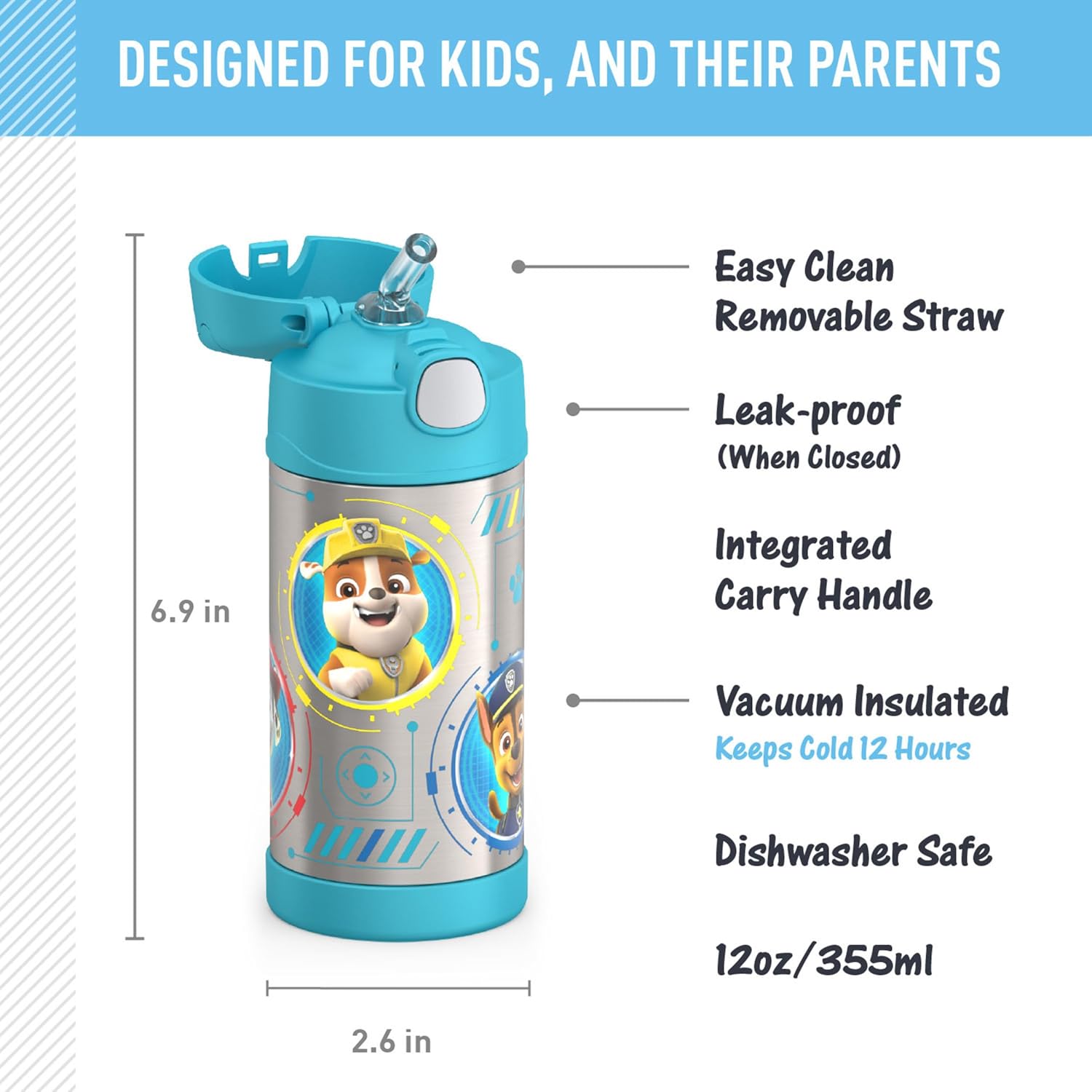 THERMOS FUNTAINER Water Bottle - 12 Ounce Kids Stainless Steel Insulated Bottle | Paw Patrol Blue