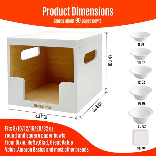 Libreshine Paper Bowl Dispenser Holder – White Bamboo Disposable Bowl Organizer for 8–32 oz, Holds 90+ Bowls – Clean & Space-Saving Countertop or Cabinet Storage, Upgraded Lid