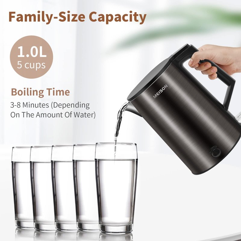 Electric Kettle Stainless Steel,1.0L Double Wall Electric Tea Kettle, Cool Touch Water Kettle & Hot Water Boiler for Boiling Water,Auto Shut-Off & Boil-Dry Protection,120V, 2 Year Warranty, Blue