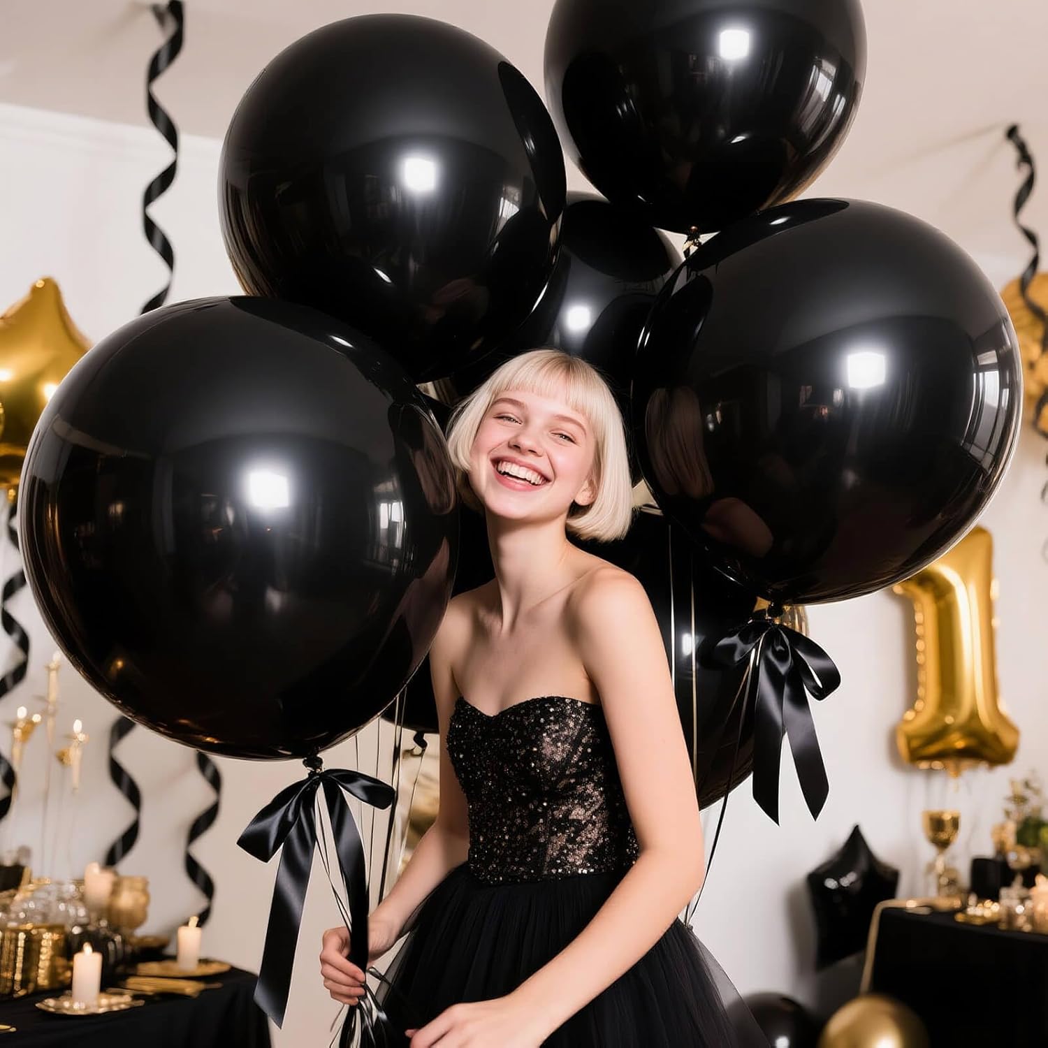 Skiennix 18-Inch Black Balloons - Large Round Latex Helium Balloons for Halloween & Birthday Parties | 12 Pack