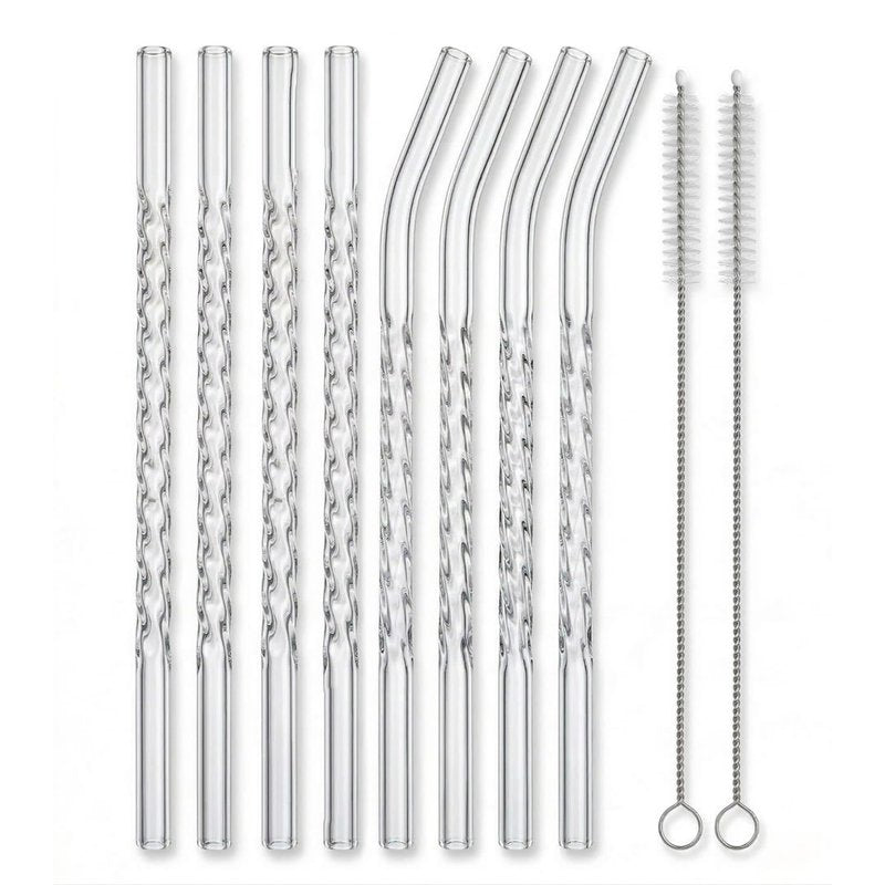 YUTRENN Reusable Glass Straws Transparent Twisted Shape 4 Bent Straws 4 Straight Straws 2 Cleaning Brushes, 8"x 0.3" Thick Clear Glass Drinking Straw for Tumblers Gift Wrap Dishwasher Safe