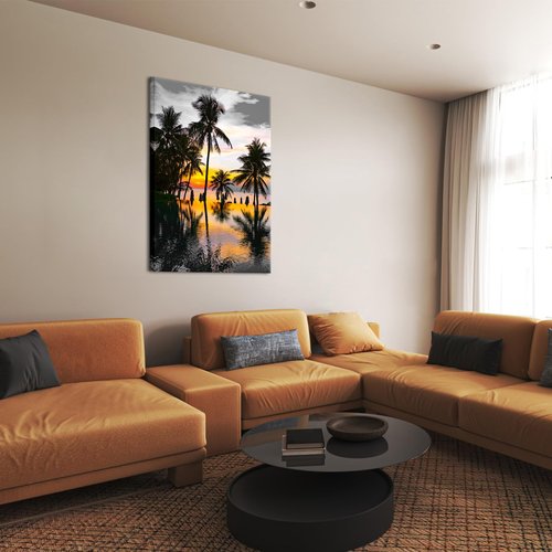OuElegent Palm Tree Canvas Wall Art Infinity Pool Sunset Landscape Picture Print Seascape Artwork For Hotel Home Living Room Bathroom Decor
