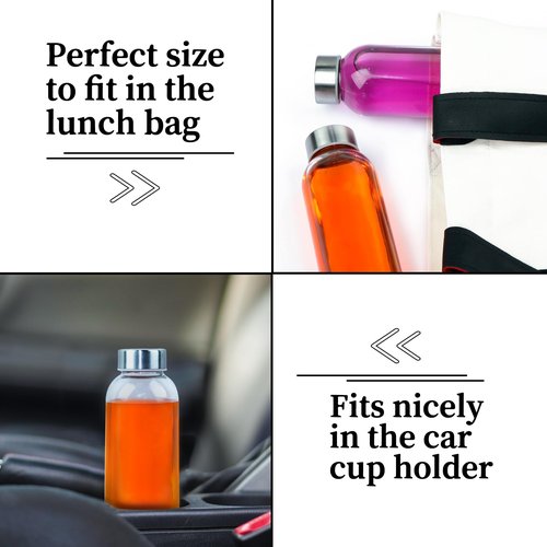 GUANENA 12 Pack Glass Water Bottles, 16oz Clear Glass Bottles with Stainless Steel Lids, Reusable Glass Drink Bottles with Caps for Juicing, Smoothies, Tea, Water, Beverages
