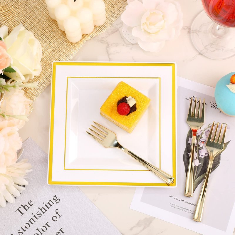 Gandeer 300 Pcs Square Plastic Plates with Forks Set Include 150 Disposable 6.5 Inch Dessert Plates Heavy Duty and 150 Plastic Appetizer Forks for 150 Guests Weddings Party Supplies(Gold)