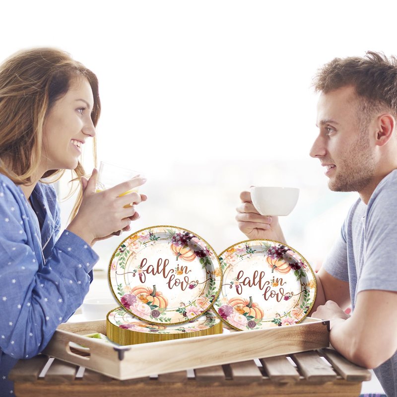 HAKOTI Fall in Love Party Decorations 48Pcs Fall Paper Plates Pumpkin Floral Theme Disposable Dessert Paper Plates Set for Fall Bridal Shower Wedding Anniversary Party（7Inch）