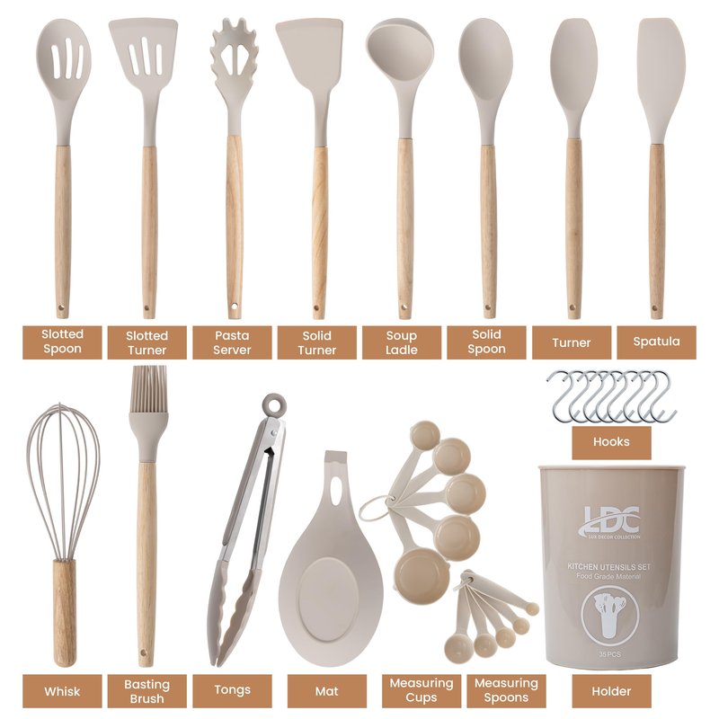 LDC Silicone Cooking Utensils Set 35 Piece with Holder - BPA Free Food Grade Silicone, Heat Resistant Wooden Handles, Cooking Spatula Set for Nonstick Cookware (Khaki)