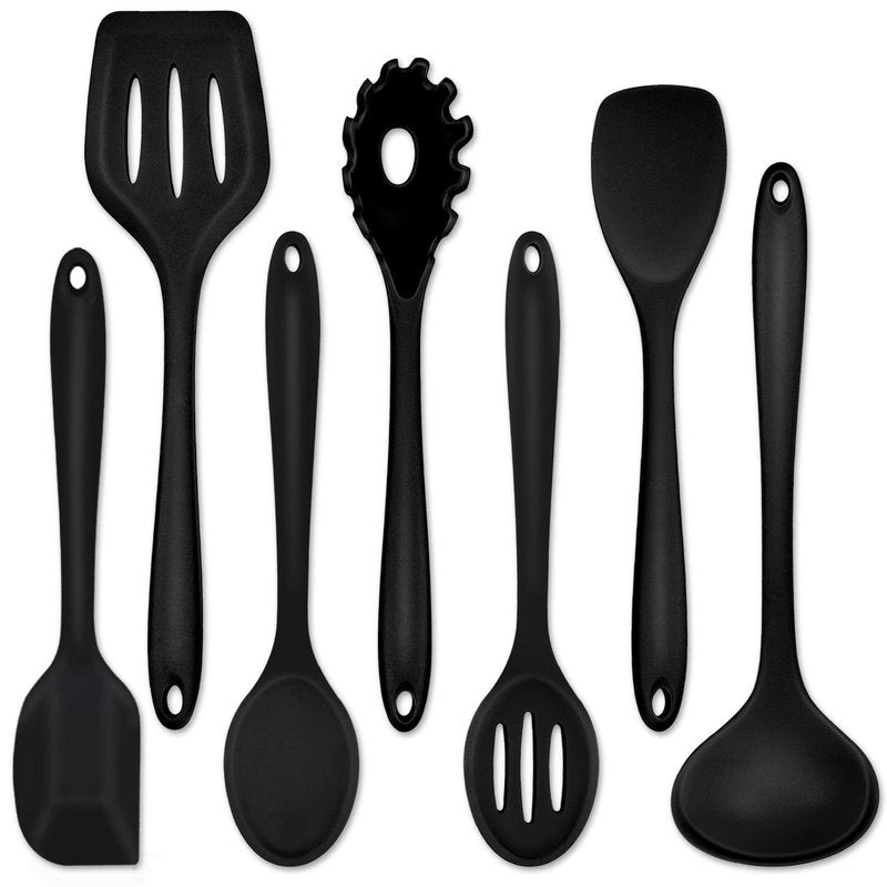 P&P CHEF Silicone Cooking Utensils Set of 7, Heat-proof Kitchen Utensils Set for Nonstick Cookware, Non-stick Spatula, Slotted Turner, Soup Ladle, Pasta Server, Spoon for Cooking Serving - Black