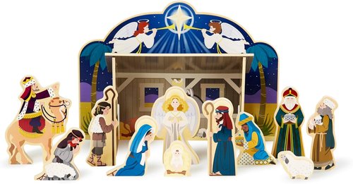 Melissa & Doug Classic Wooden Nativity Set - 11 Figures with 4-Piece Stable for Christmas Decor
