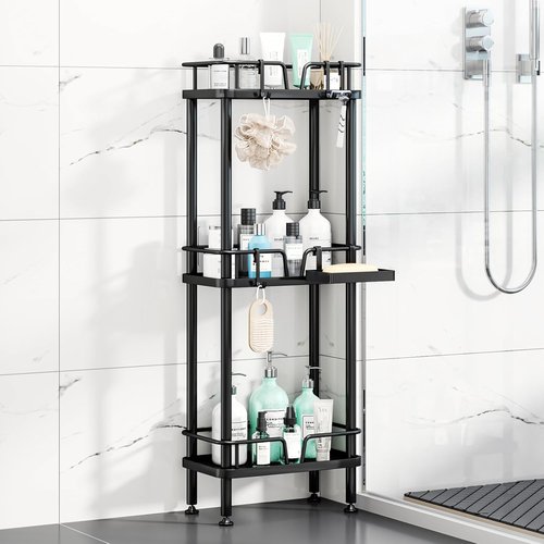HapiRm 3-Tier Corner Shower Caddy - Rustproof Stainless Steel Organizer with Soap Holder & 4 Hooks | Black