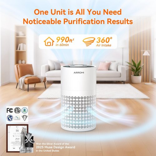 AIRROMI Air Purifier - HEPA 3-in-1 Filter for Pets & Allergies | Covers Up to 990 Ft², Quiet 360° Design, White