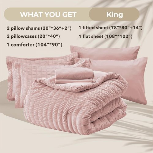 HYMOKEGE King Size Comforter Set - Luxury Rose Gold Seersucker 7-Piece Bedding Set | All-Season Comfort