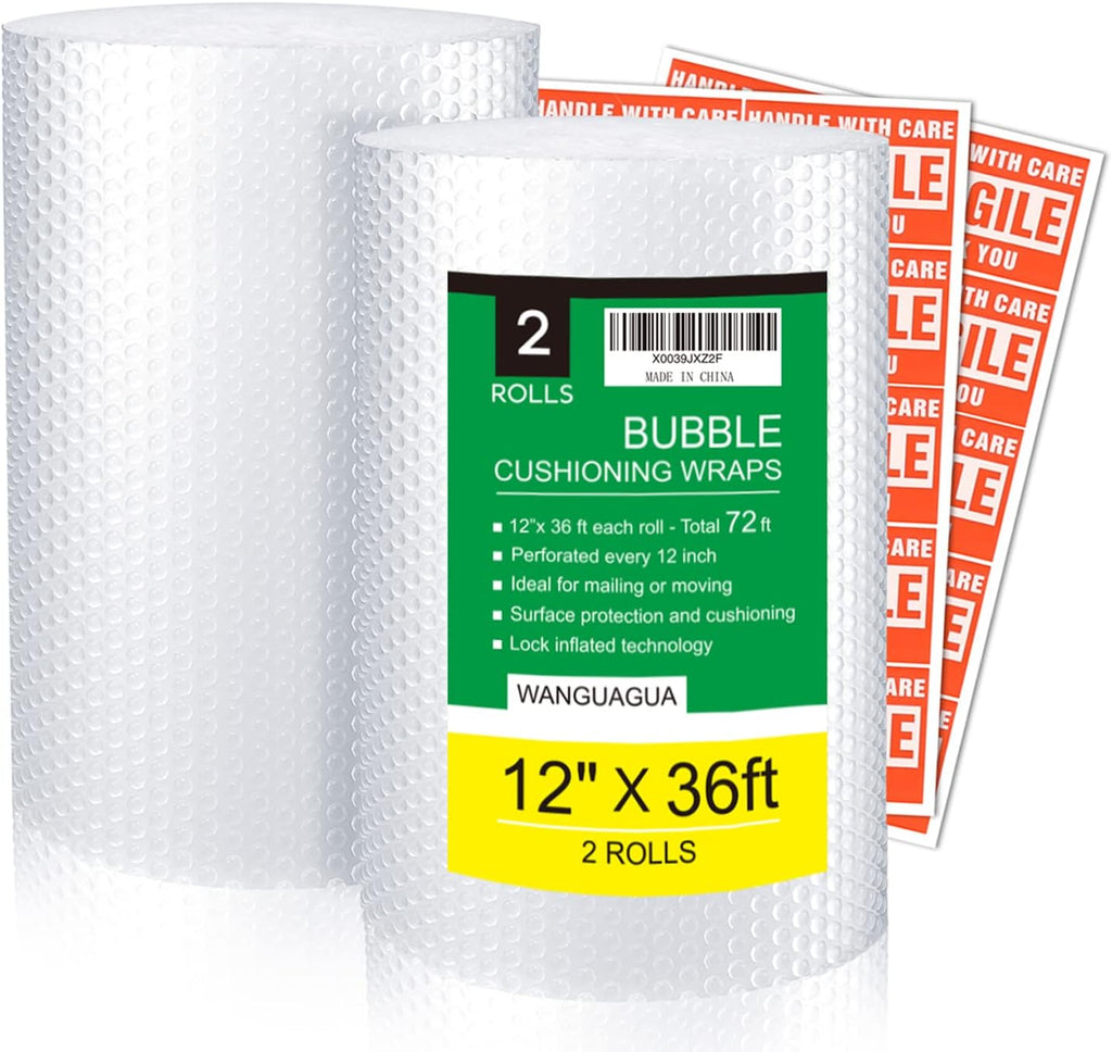 Wanguagua Bubble Packing Wrap - 12 Inch x 72 Ft | 2 Pack for Moving & Shipping Cushioning