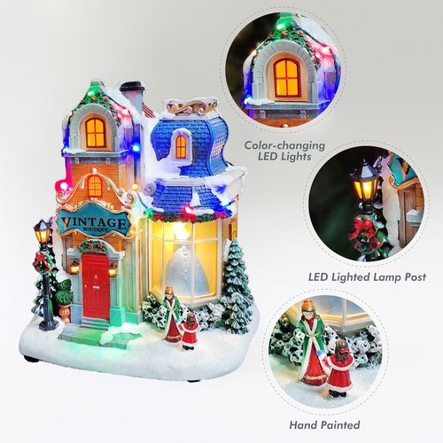 Moments In Time Lighted Christmas Village - Vintage Boutique LED Musical Holiday Building, 10.6”