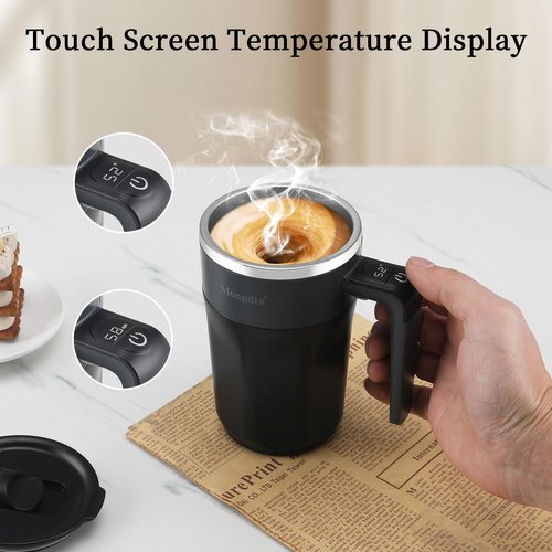 Mongdio Self Stirring Coffee Mug with Fahrenhite Temperature Display, Rechargeable Stirring Mug, Automatic Self Stirring Cup with Lid, For Coffee, Milk and Other Beverages, Black