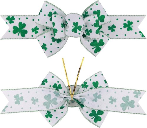Meseey St. Patrick's Day Bow Wreath Decoration - 2 Pcs Green & White Shamrock Bows for Home Decor