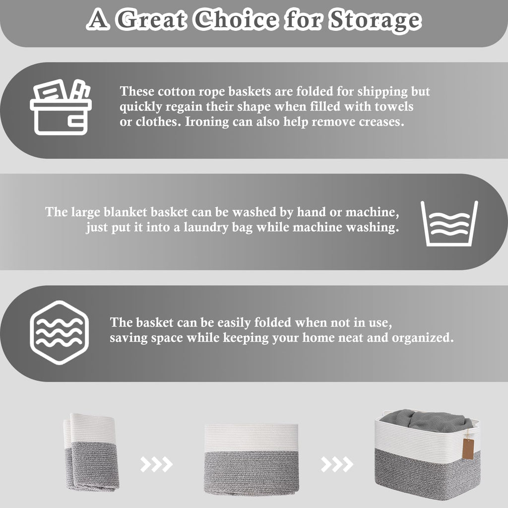 Goodpick Woven Storage Basket, Cotton Rope Baskets with Handles, Toy Baskets Storage Kids, Blanket Basket for Living Room, Bedroom, Gray and White, 18 x 14 x 12 Inches