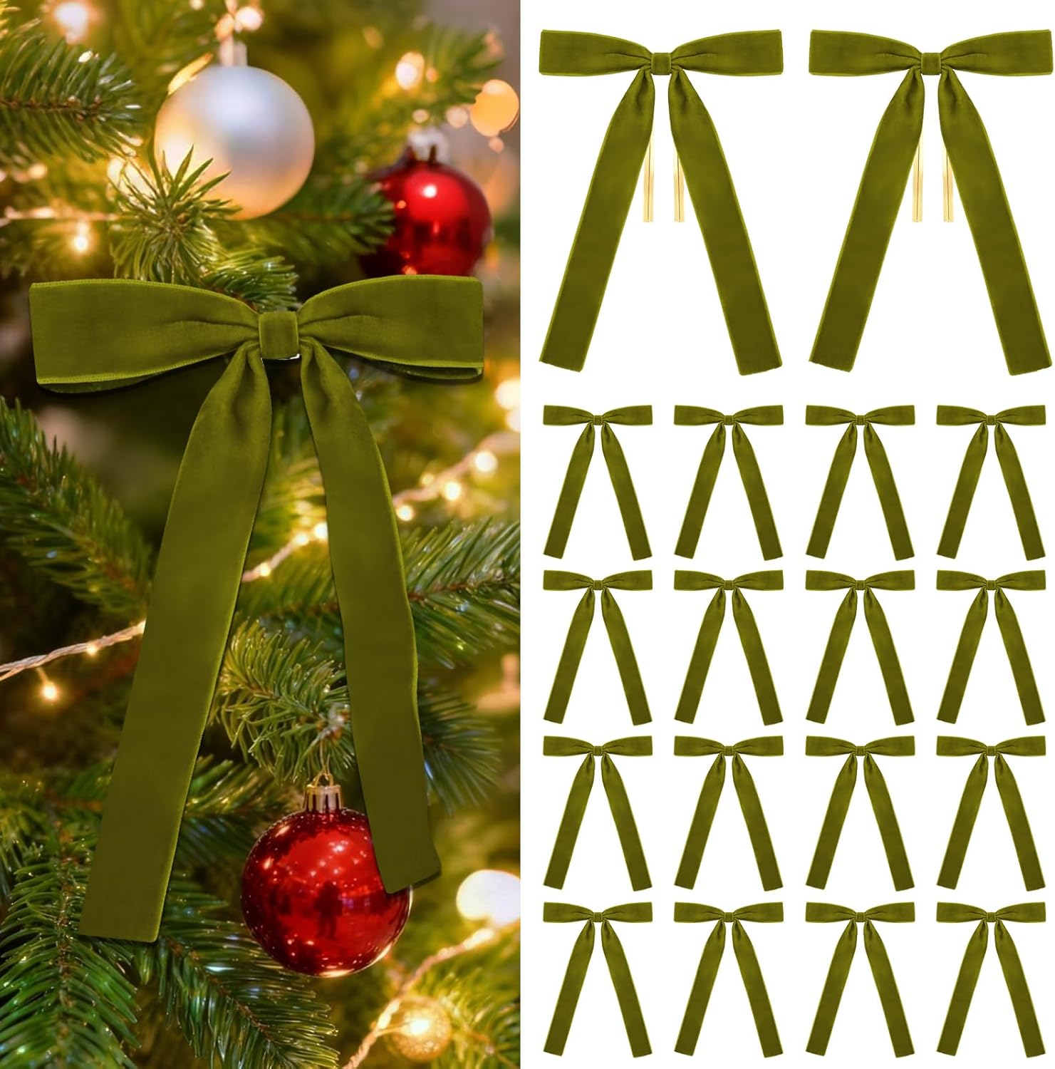 Skiennix 18Pcs Olive Green Velvet Bows - Elegant Christmas Tree Decorations | 5x7" Size, 1" Wide