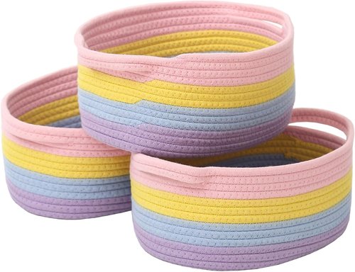 JMvicyroam Woven Basket - Small Rope Storage Bin with Handles for Organizing Shelves | 3-Pack Rainbow Design
