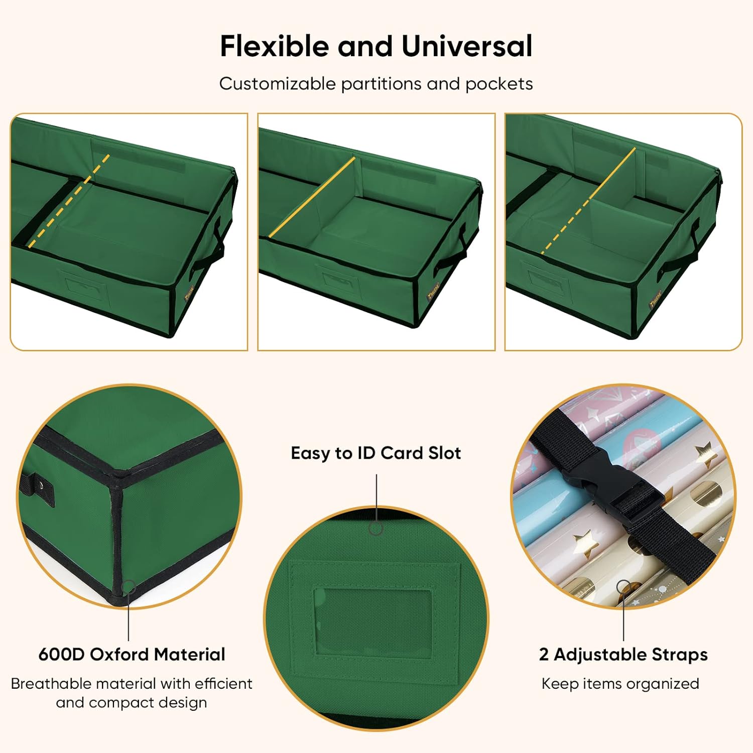 BALEINE Gift Wrap Storage Organizer - 40" Durable 600D Oxford Fabric with Flexible Partitions | Green
