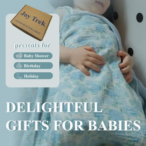 JoyTrek 100% Cotton Muslin Baby Blanket,Reversible Receiving Blanket for Girls,Premium Organic Cotton Crib Quilt for Newborns Toddlers,Soft&Durable for Nursery,Tummy Time,Blue Rose 47x47in