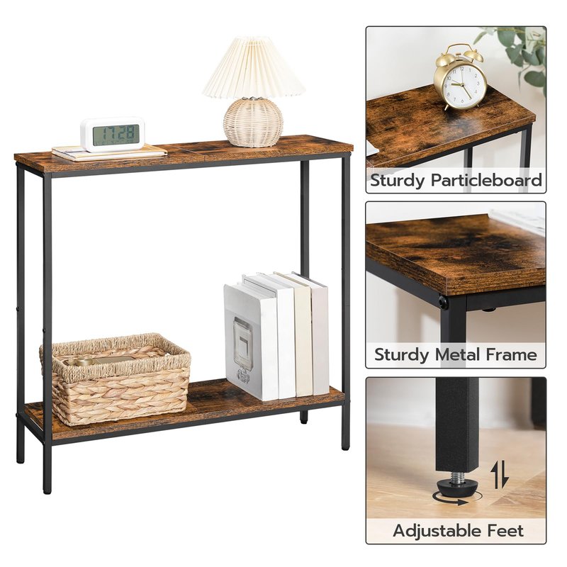 HOOBRO 29.5" L Narrow Console Table, Sofa Table Behind Couch with 2-Tier Storage Display Shelves, 8.7" D Small Entryway Table for Hallway, Foyer, Living Room, Bedroom, Rustic Brown and Black BF22XG01