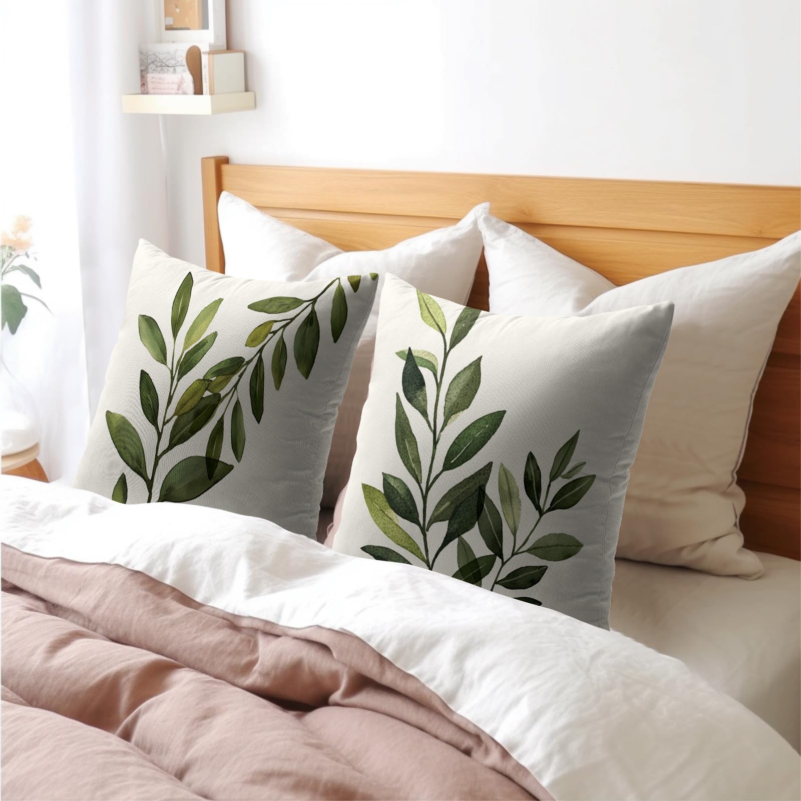 Kawani Sage Green Leaf Pillow Covers 18x18 Inch Set of 2 Spring Leaves Plants Botanical Decorative Pillowcase Cotton Linen Square Cushion Case for Couch Sofa Bedroom Home Decoration