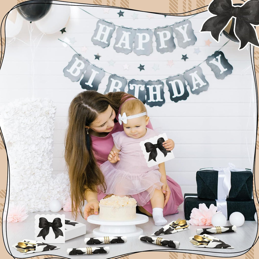 Skyygemm Black Bow Napkins - 150 Pcs Disposable Paper for Bachelorette & Bridal Showers | Coquette Theme Party Decor