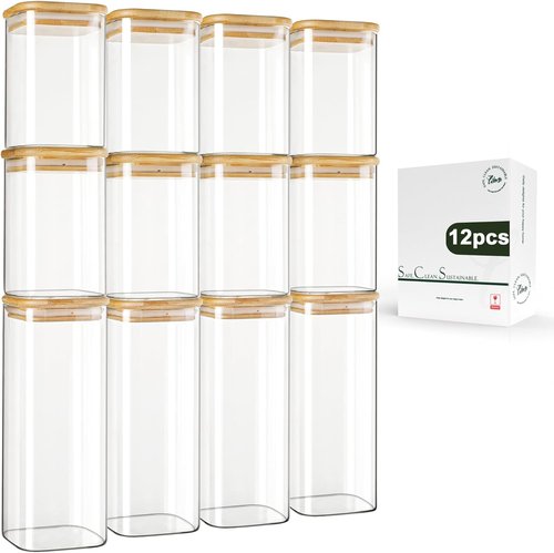 LIBWYS Square Glass Storage Jars - 12-Pack Stackable Containers with Bamboo Lids | 0.6Qt/1.06Qt Kitchen Canisters for Pantry Organization