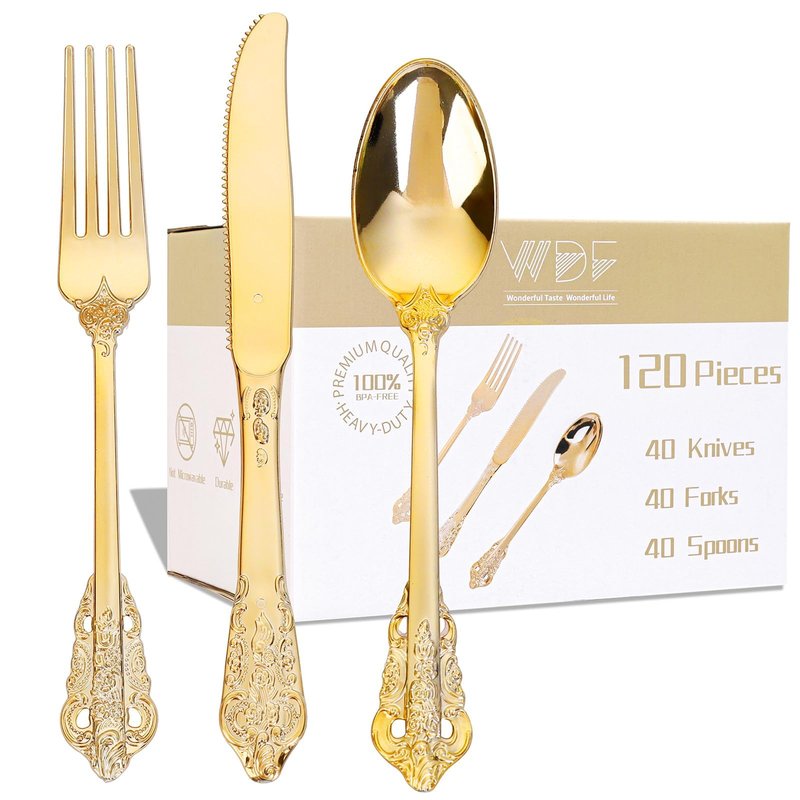 WDF 120PCS Gold Plastic Silverware - Heavy Duty Gold Plastic Cutlery Set Disposable Utensils - 40 Forks, 40 Spoons, 40 Knives, Perfect for Party Weeding Daily Use Baby Showe Spring