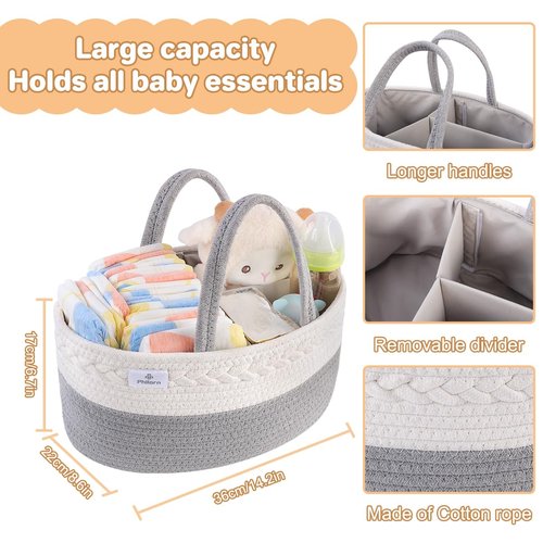 PHILORN Diaper Caddy Organizer, Cotton Rope Diaper Caddy Basket, Woven Diaper Caddy with Dividers, Nursery Storage Basket for Changing Table, Car Diaper Caddy, Baby Shower Gifts