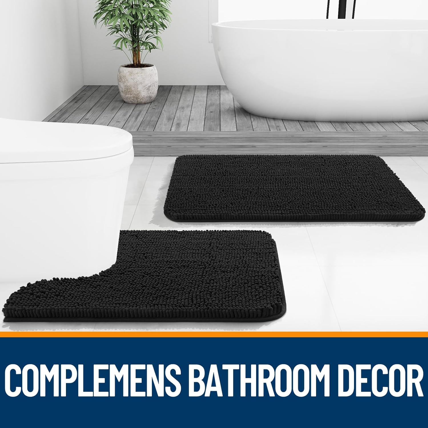 OLANLY U-Shaped Toilet Rugs - Extra Soft, Absorbent Chenille Bath Mat | 24x20, Quick-Dry, Non-Slip, Black