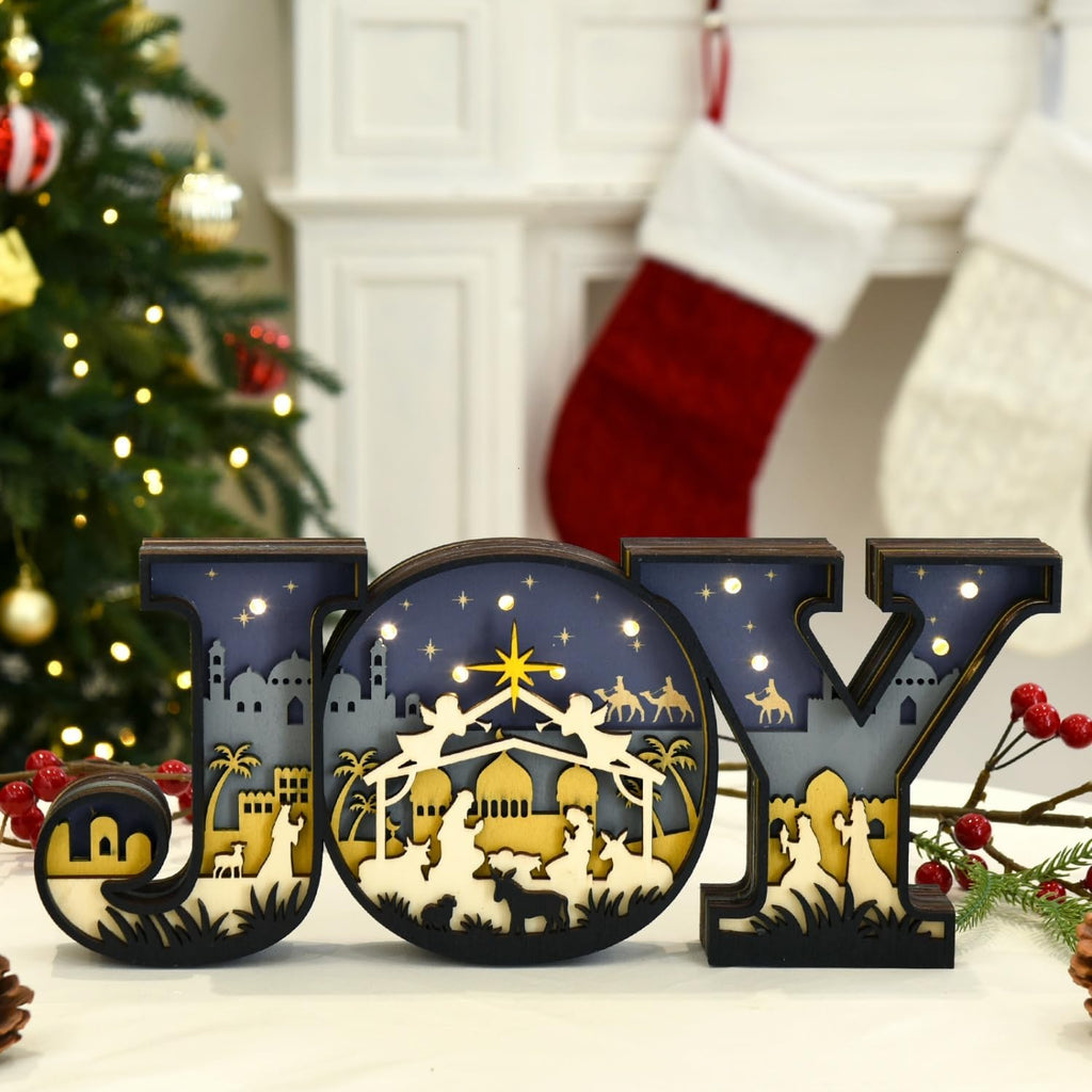 Nativity Scene Set by Christmas Joy - 3D Indoor Ornament with LED Lights for Tabletop Decor