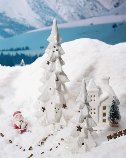 DN DECONATION White Ceramic Christmas Trees - 2Pcs Prelit Tabletop Xmas Tree Figurines with Lights & Cutouts for Neutral Holiday Decor