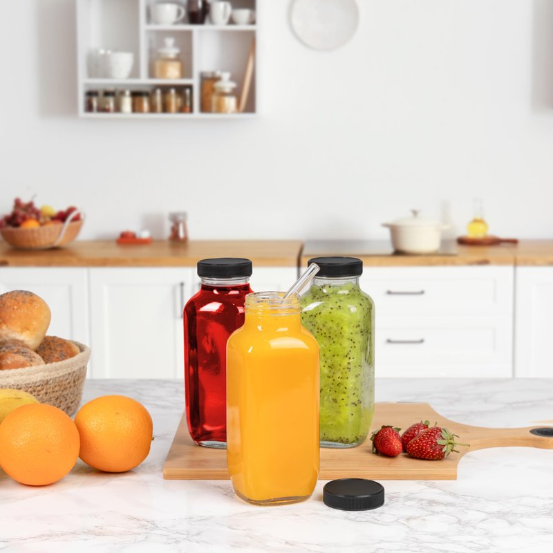 umud Juice Bottles with Lids, 16 Oz - Set of 3 - Clear Glass Jars with Caps - Reusable Empty Drink Containers for Juicing, Smoothies, Water, Milk, Kombucha Storage, Wellness Shots and More (3)