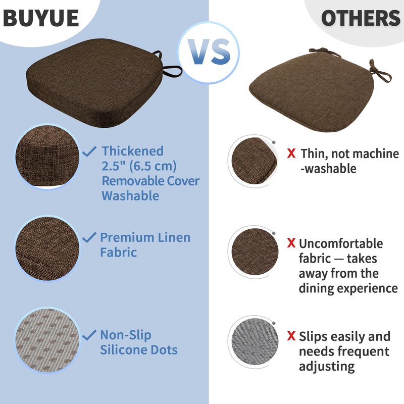 BUYUE Thickened 2.5" Dining Chair Cushions Set of 4, U-Shape High Density Foam Comfortable Chair Pads for Kitchen, Slip Resistant Indoor Seat Cushions (4 PCS, Chocolate)