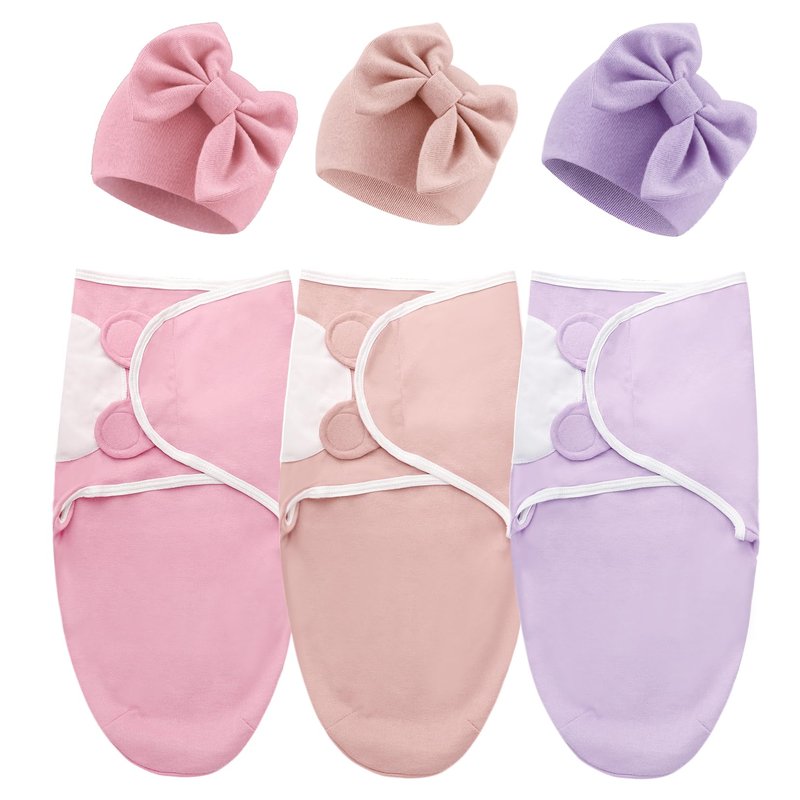 DRESHOW BQUBO 3 Pack Newborn Baby Swaddle Blanket with Hats Infant Adjustable Swaddling Wraps with Bear Ears Cap for 6-12 Lbs Newborns & 0-3 Months Girls Boys