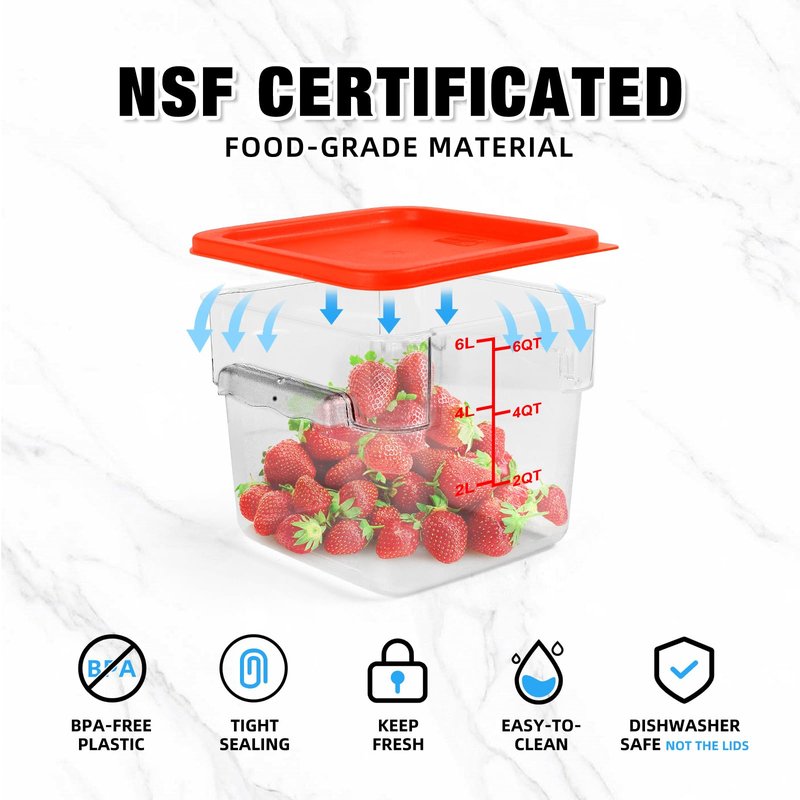 6Qt NSF Food Storage Containers with Lid - 4pcs Food Grade/Heat Resistant/Freezer Safe/Clear Square Storage Containers Set with Scale Handles for Restaurant Home Kitchen Marinade Food Prep, w/ Labels