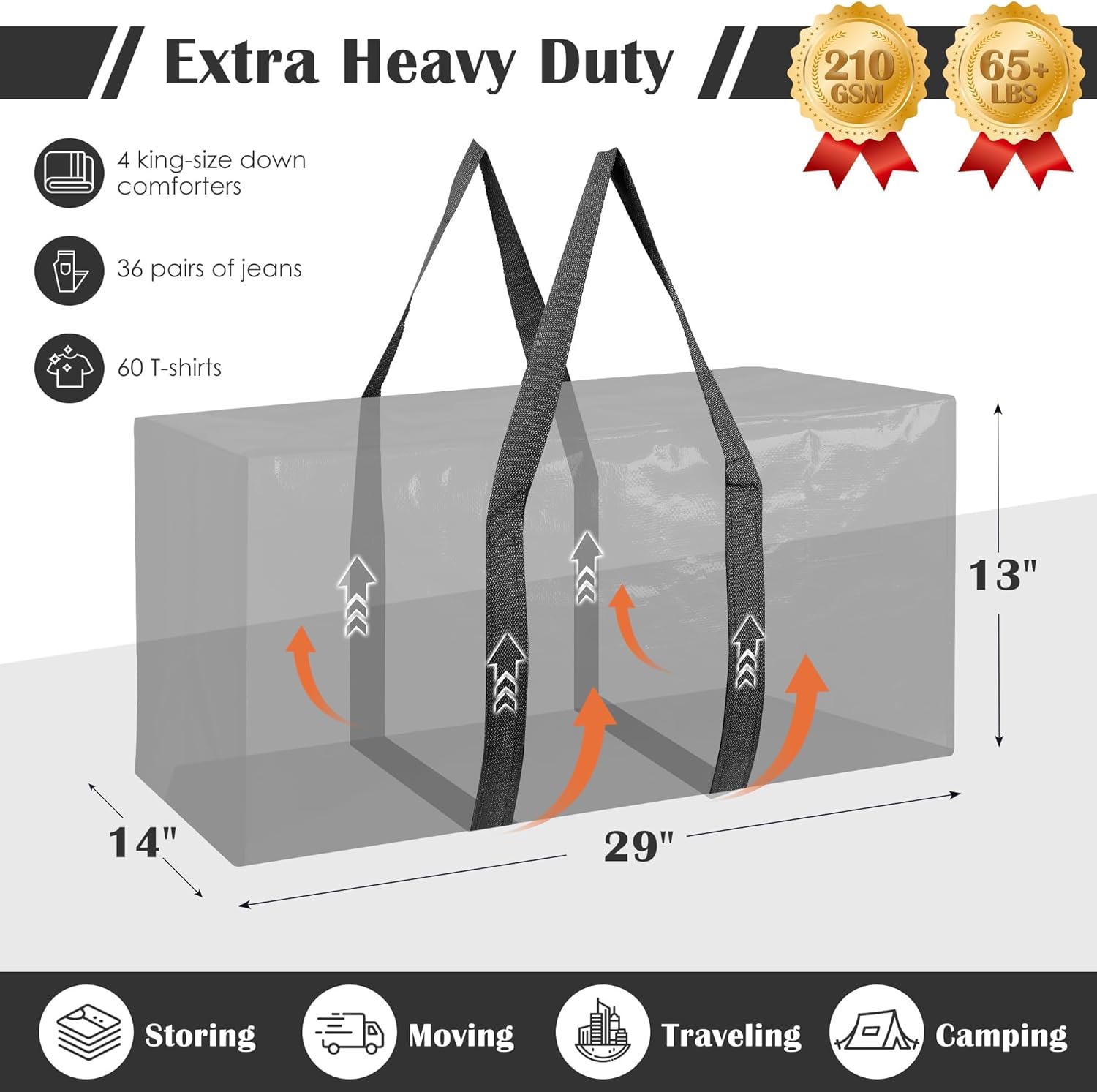 Skiennix 6 Pack Moving Bags - Extra Large 93L Heavy Duty Waterproof Storage Totes | Black for College & Home Organization