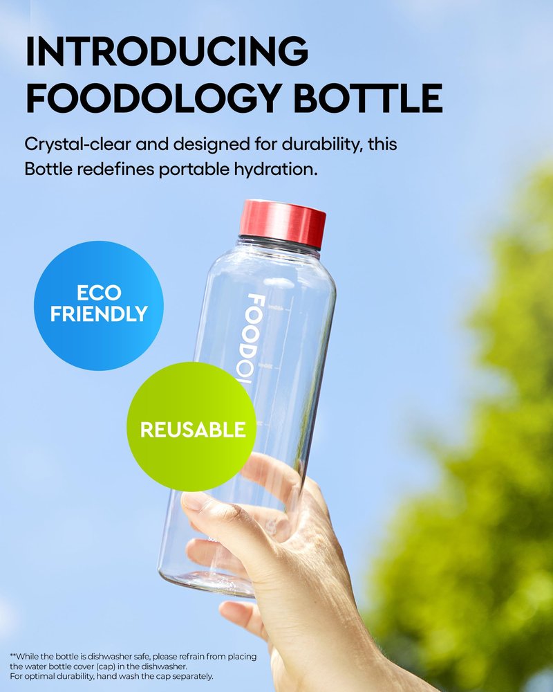 FOODOLOGY Bottle for Drink Mix (Red, 16.9fl oz) - Leak Proof, Lightweight, Durable Sports Water Bottle. Reusable for Gym, Outdoor, Travel. BPA Free, Clear Beverage Container with Marker