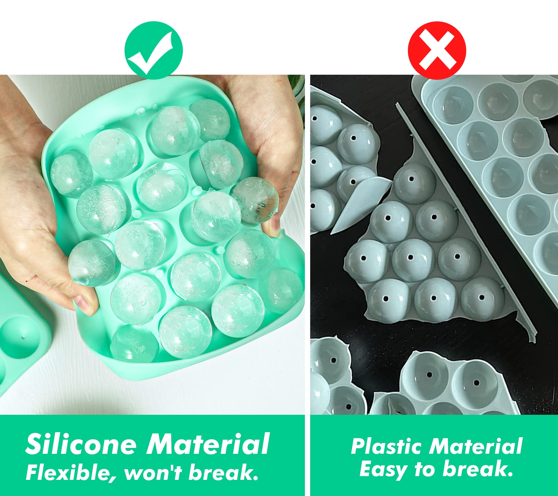 Webake 2 Pack Sphere Ice Cube Trays - 1.1" Small Round 36pcs Ice Ball Maker, Flexible Silicone Molds for Cocktails, Whiskey, Tea & Coffee - Easy Release & BPA Free (Green)
