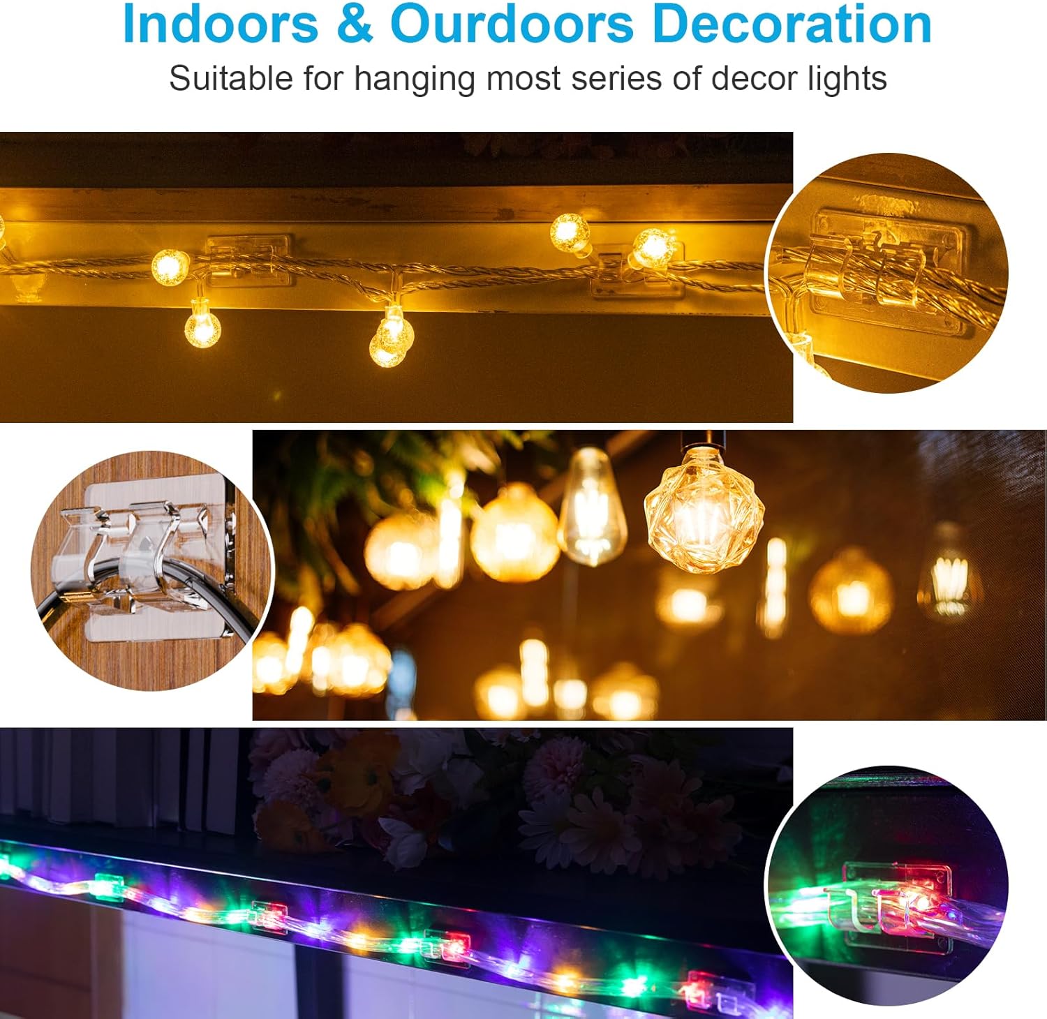 Skiennix 30 PCS Outdoor String Light Hooks - Heavy Duty Clear Adhesive Clips for Patio Decor