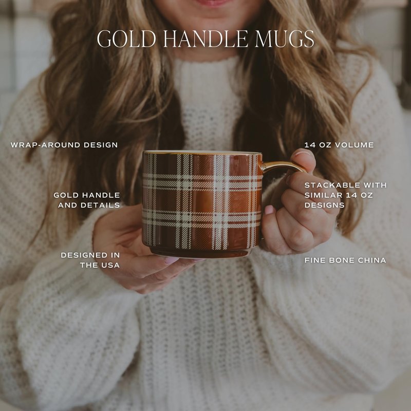 Sweet Water Decor Brown Plaid Mug with Gold Handle, 14oz Fine Bone China Coffee Cup for Tea, Latte, or Hot Cider, Cozy Fall Drinkware, Housewarming & Hostess Gift for Autumn and Thanksgiving
