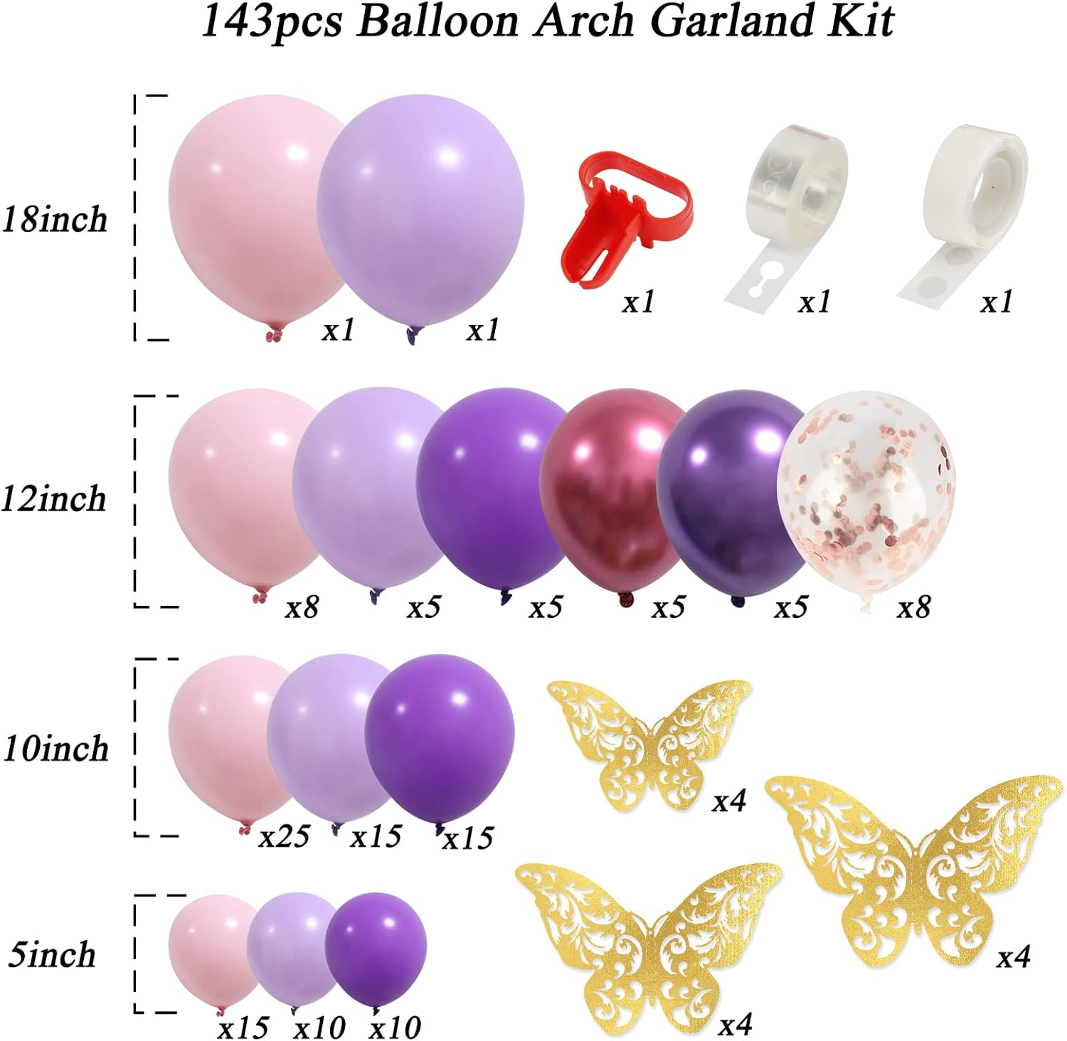 RUBFAC 143-Piece Pink & Purple Balloon Garland Kit - Butterfly Decorations for Baby Showers & Parties