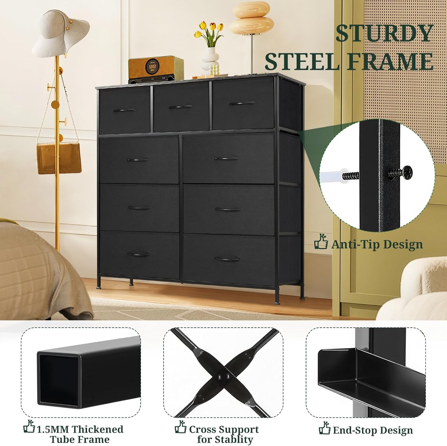 Regine Switzerland 9-Drawer Dresser - Anti-Tip Tall Storage Organizer with Wooden Top & Metal Frame - Black