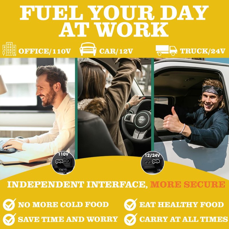 Buddew Electric Lunch Box 80W Food Heater for Adults, 12/24/110V Portable Lunch Warmer Upgraded Heated Lunch Box for Car/Truck/Office with SS Fork&Spoon and Insulated Carry Bag(Yellow)