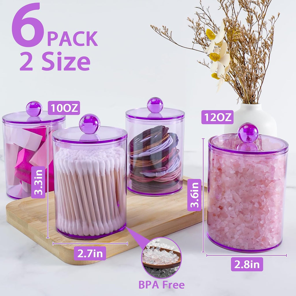 XIPENGKEJI Qtip Holder Set - 6 Pack Apothecary Jars with Lids for Bathroom Organization | 10oz-12oz Purple